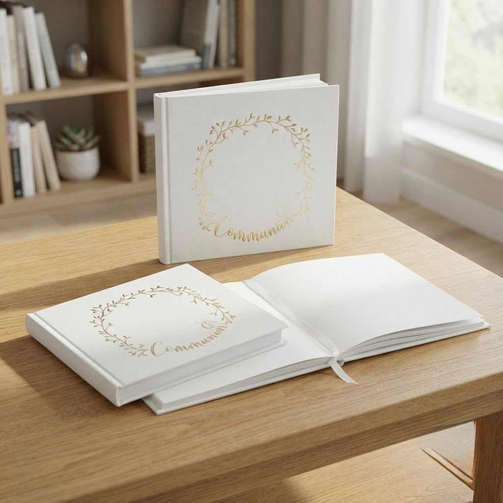 AFC-001_1.JPG Libro de Visitas Blanco con Detalles Dorados para Comunión – Libro de Firmas Elegante