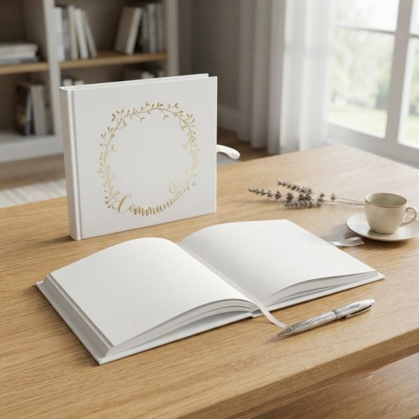 AFC-001_2.JPG Libro de Visitas Blanco con Detalles Dorados para Comunión – Libro de Firmas Elegante