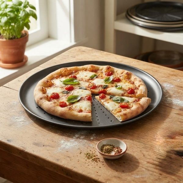 BPR-001_2.jpg Bandeja para Pizza Perforada Antiadherente Negra – Molde Redondo para Hornear Pizza Crujiente