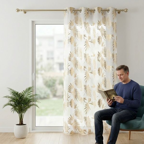 Cortinas Blancas de Tela Brillante con Hojas Doradas | Elegancia y Luminosidad
