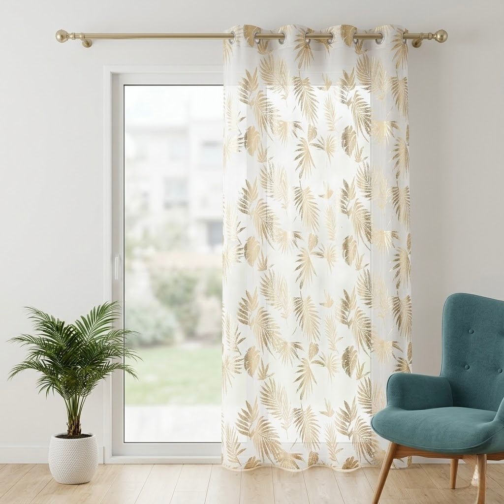 Cortinas Blancas de Tela Brillante con Hojas Doradas | Elegancia y Luminosidad