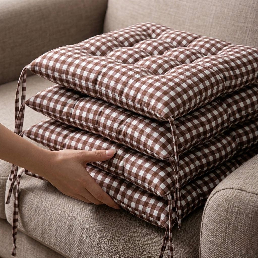 Cojín Cuadrado Cuadriculado para Silla | Colores Marrón y Rojo