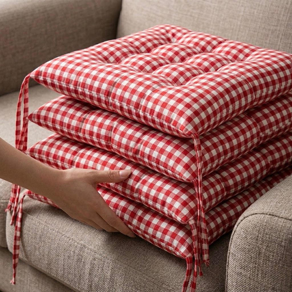 Cojín Cuadrado Cuadriculado para Silla | Colores Marrón y Rojo