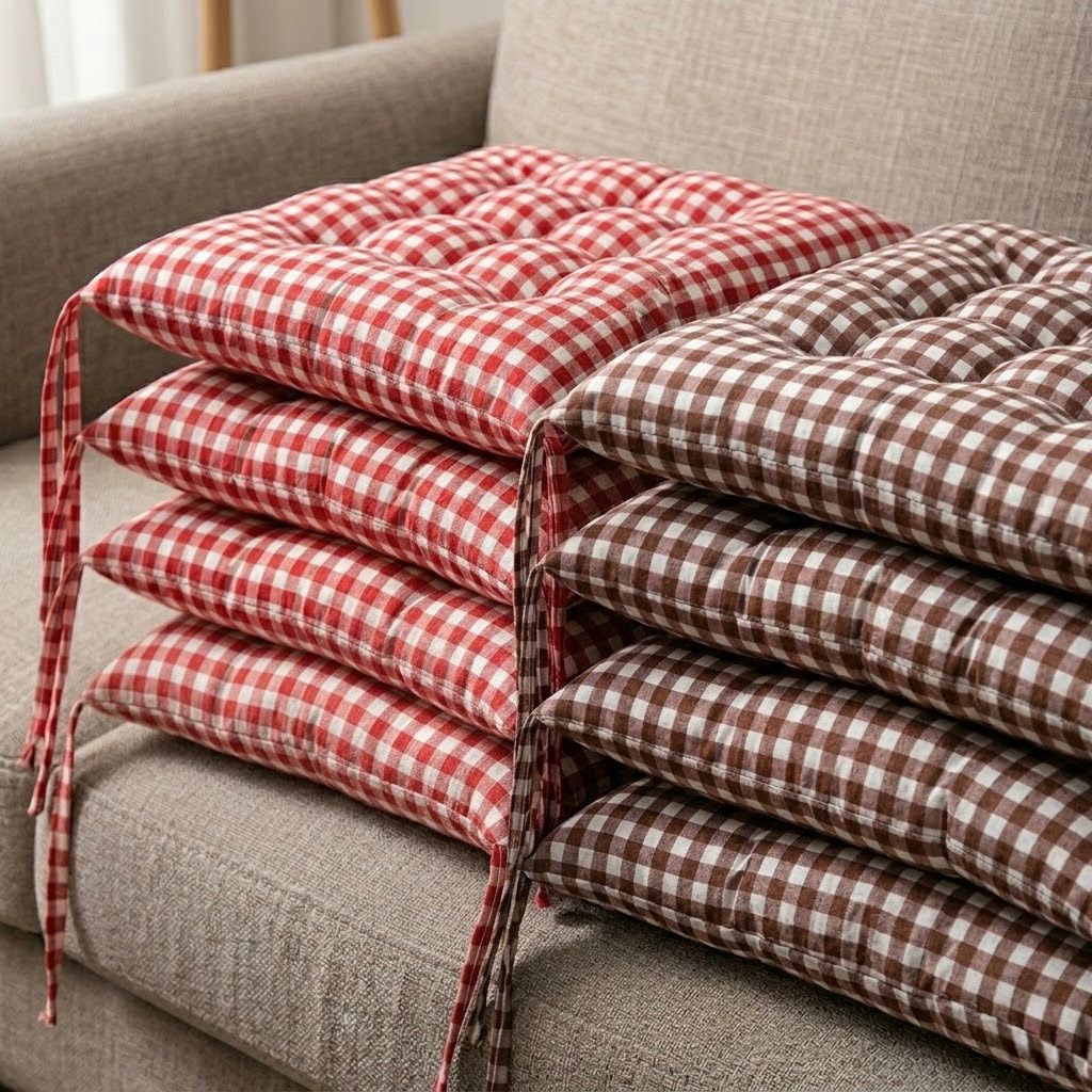 Cojín Cuadrado Cuadriculado para Silla | Colores Marrón y Rojo