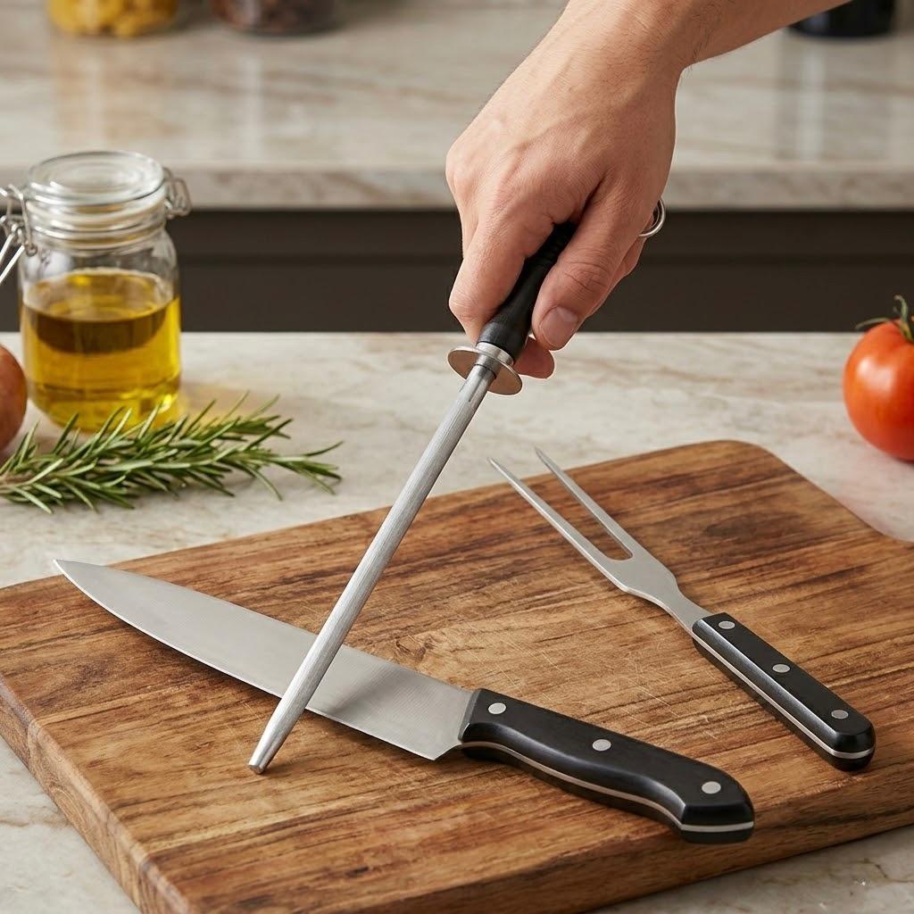 Set de Cuchillo, Chaira y Tenedor con Mango Negro | Kit Completo para Cocina