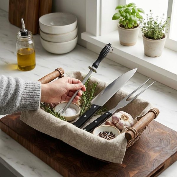 Set de Cuchillo, Chaira y Tenedor con Mango Negro | Kit Completo para Cocina