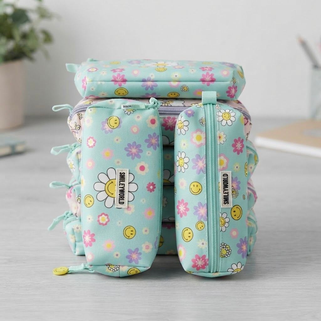 EEFV-001_1.jpg Green School Pencil Case with Colorful Flowers & "Smiley World" Design – School Pen Case