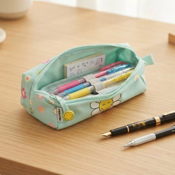 Green School Pencil Case with Colorful Flowers & "Smiley World" Design – School Pen Case