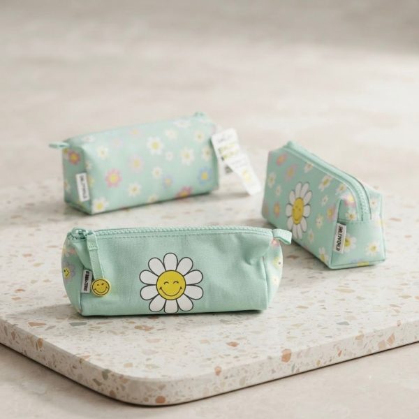 Green School Pencil Case with Colorful Flowers & "Smiley World" Design – School Pen Case