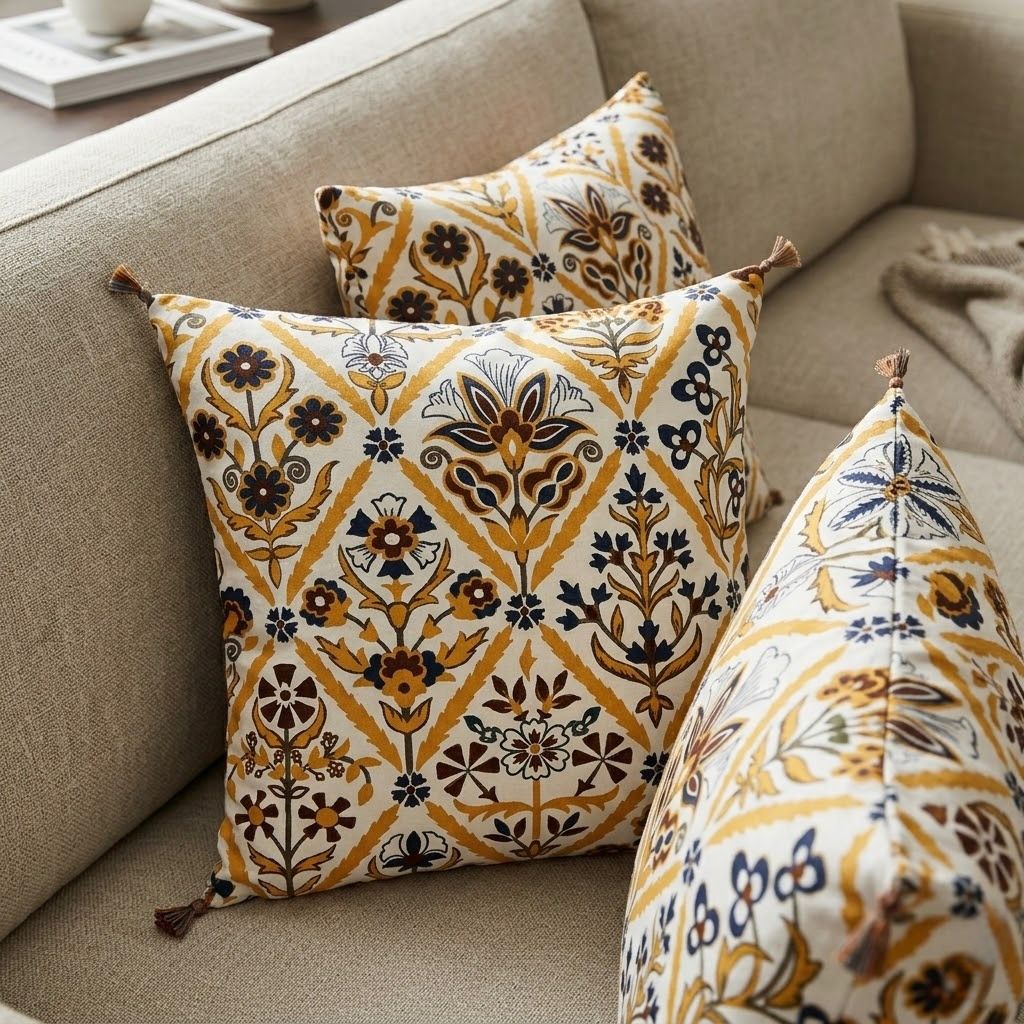 Funda de Cojín con Borlas y Estampados Decorativos | Flores y Diseños Geométricos
