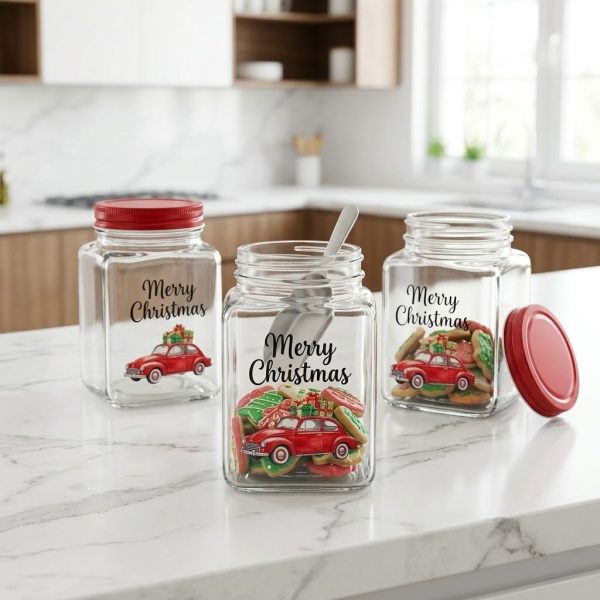 Frascos de vidrio navideños cuadrados con tapa roja