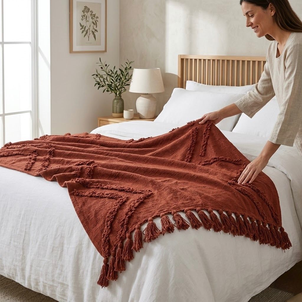 Manta Natural Roja con Flecos Decorativos | Calidez y Estilo Acogedor