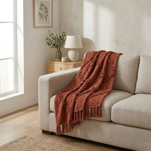 Manta Natural Roja con Flecos Decorativos | Calidez y Estilo Acogedor