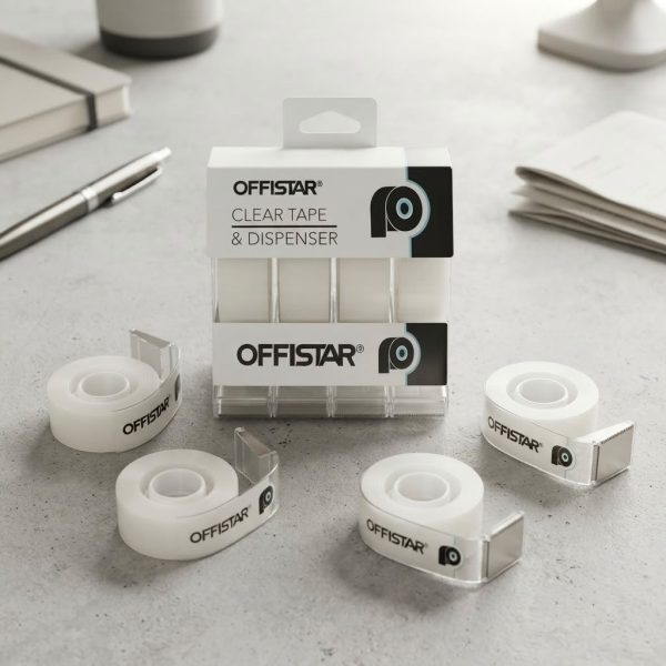 P4C-0013.jpg Pack de 4 Dispensadores de Celofán con 4 Rollos – Cinta Adhesiva para Oficina, Escuela y Hogar
