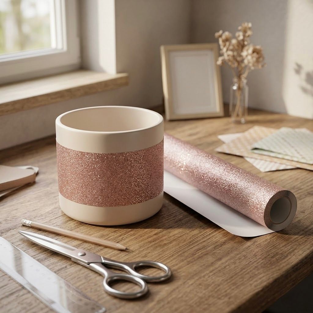 Rollo de vinilo adhesivo con purpurina rosa y plateado para decoración