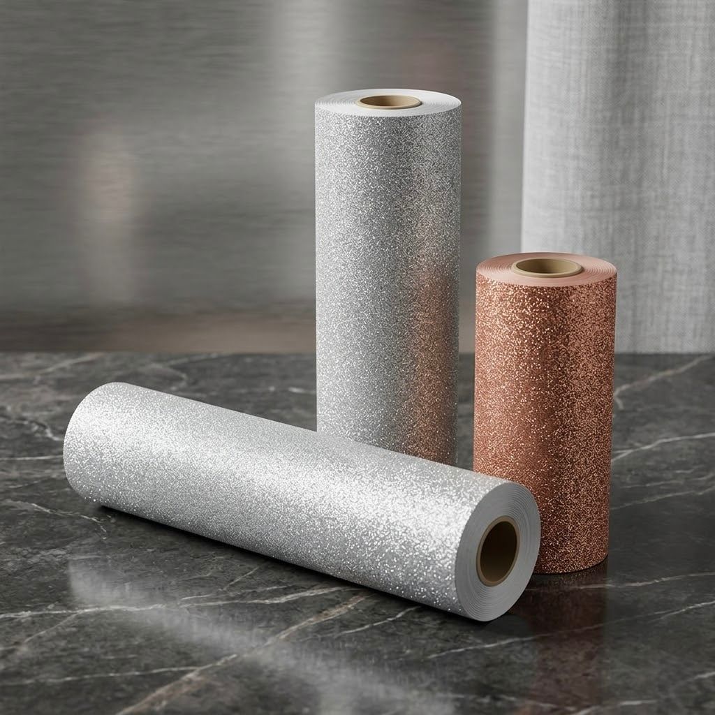 Rollo de vinilo adhesivo con purpurina rosa y plateado para decoración