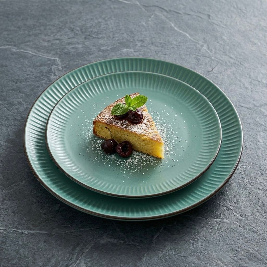 Plato de cerámica verde con borde marrón y diseño acanalado