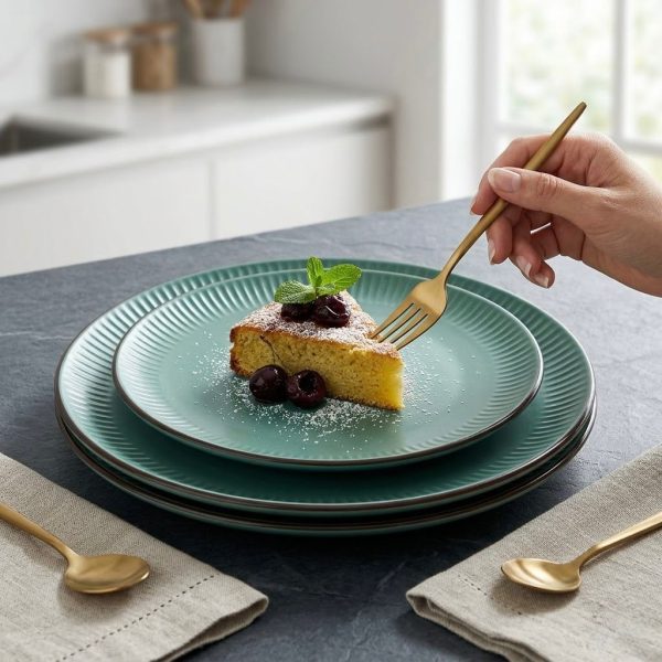 Plato de cerámica verde con borde marrón y diseño acanalado