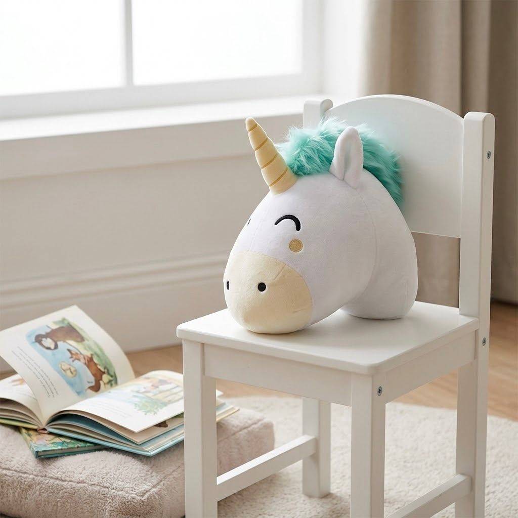 PCU-001_1.jpg Peluche cabeza de unicornio grande | Cojín decorativo blanco con pelo verde