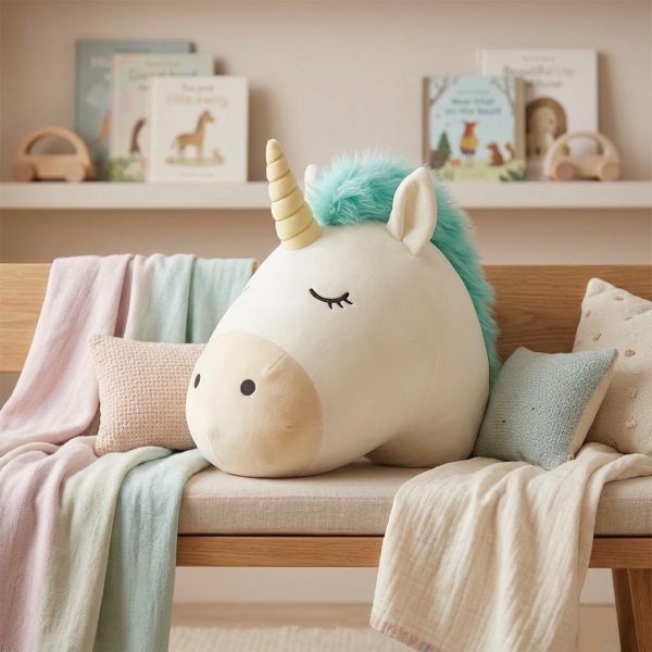 PCU-001_2.jpg Peluche cabeza de unicornio grande | Cojín decorativo blanco con pelo verde