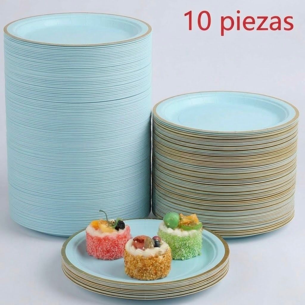 Platos de Papel Celestes con Borde Dorado 17 cm | Pack de 10 Unidades