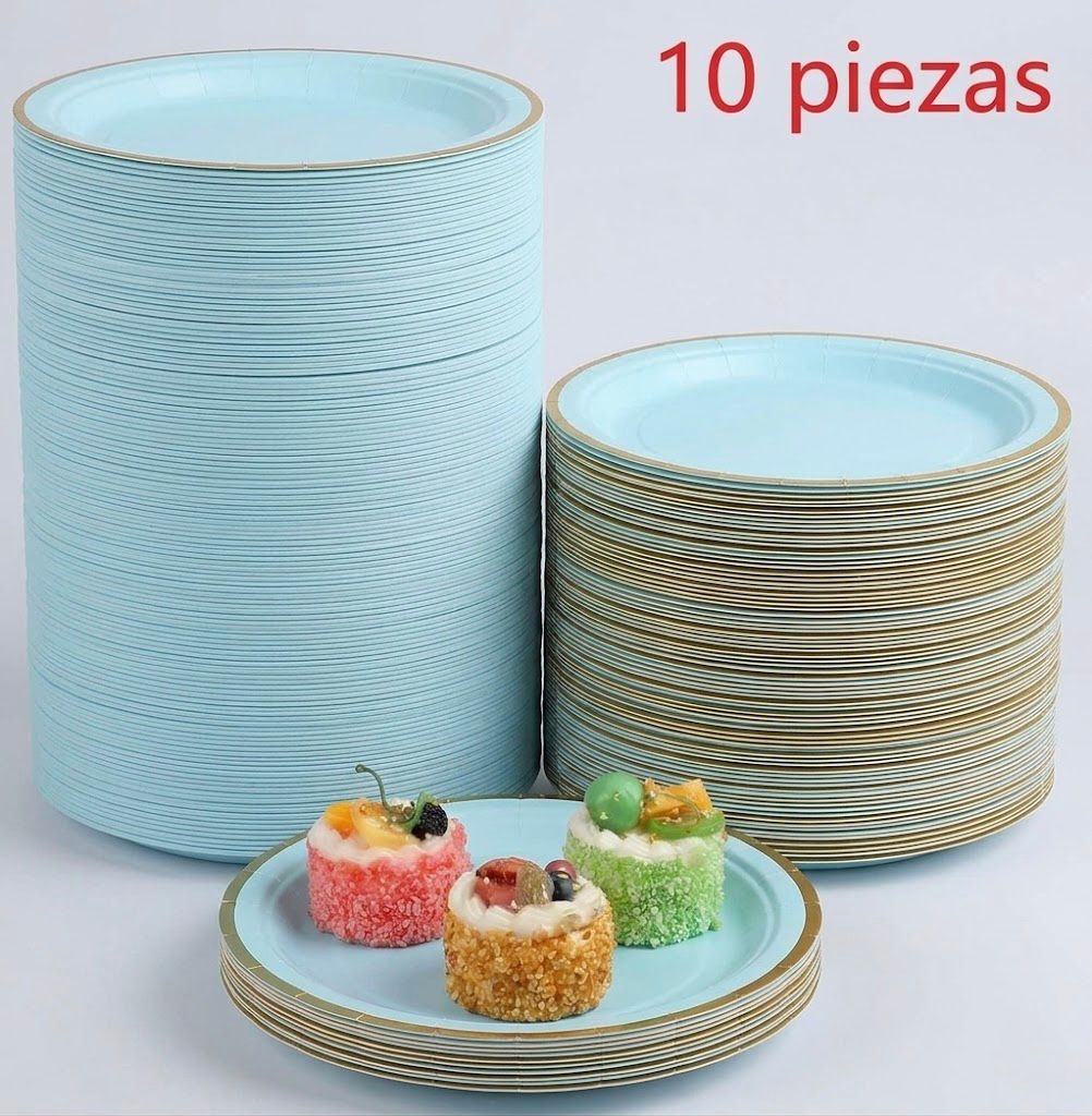 Platos de Papel Celestes con Borde Dorado 17 cm | Pack de 10 Unidades