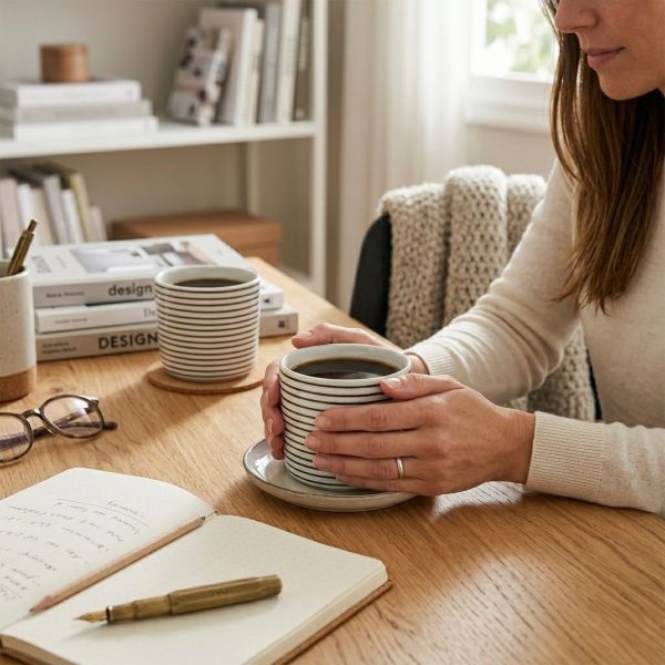 Taza sin asa blanca con rayas negras