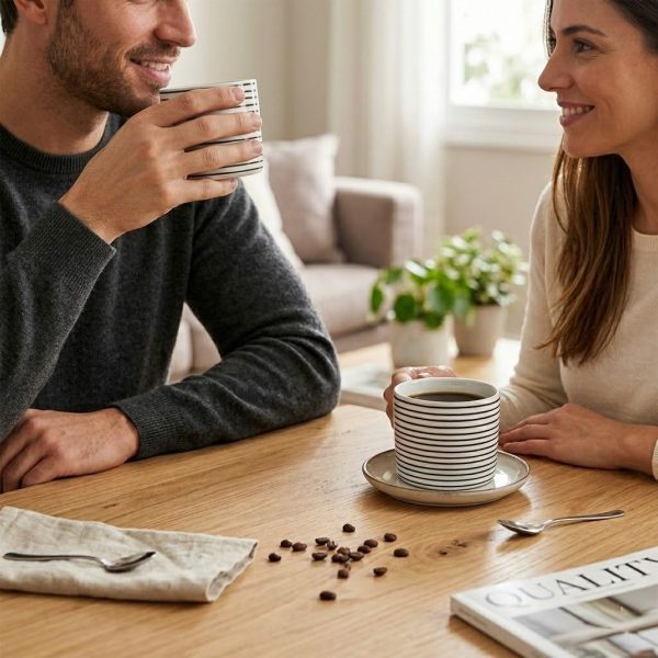 Taza sin asa blanca con rayas negras