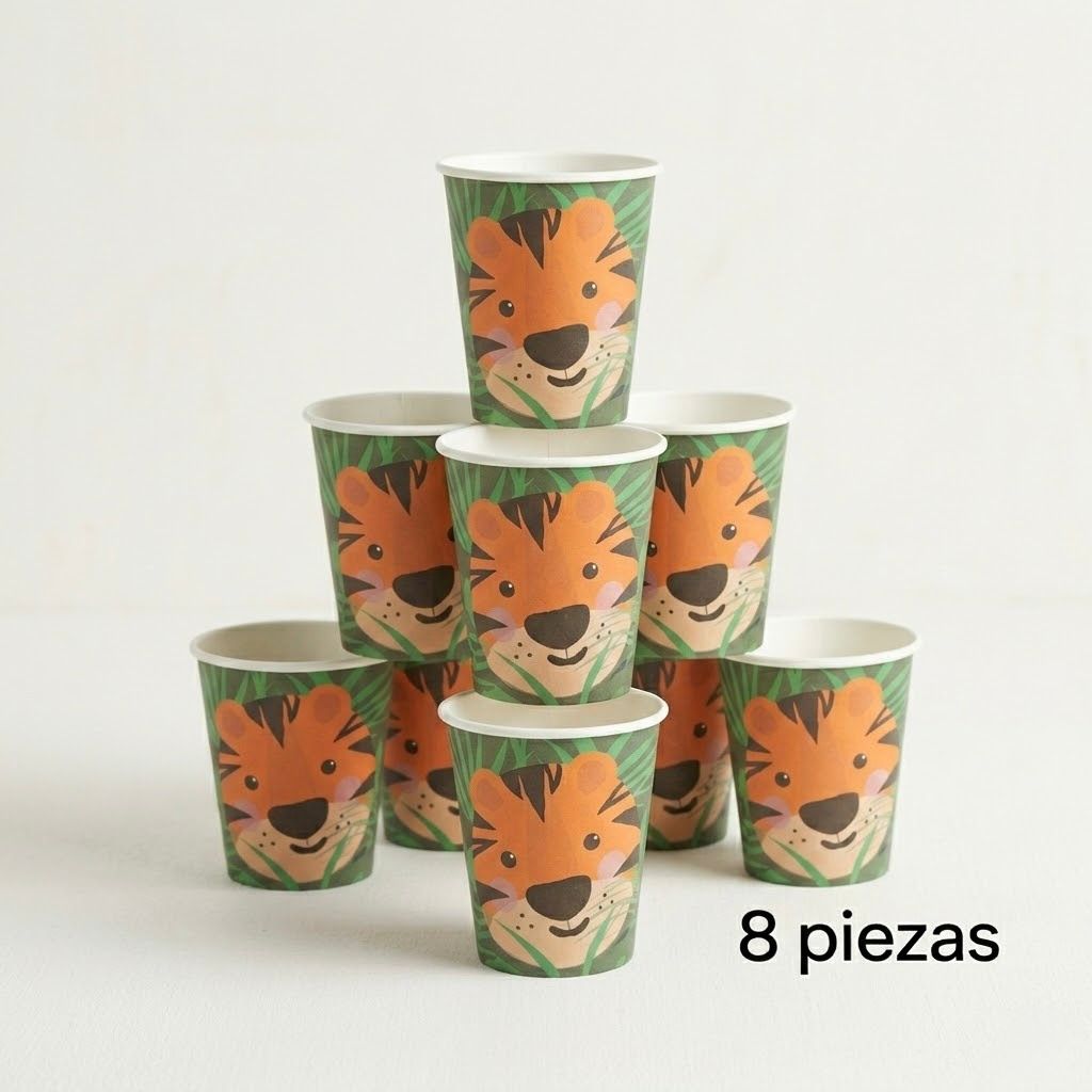 Vasos de Papel Infantiles con Tigre | Pack de 8 Unidades