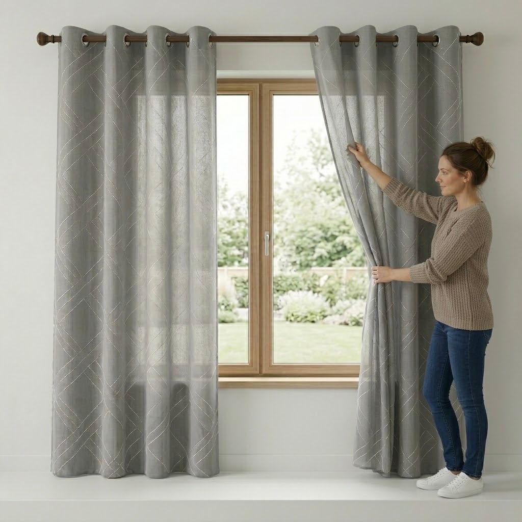 Cortina de Tela Brillante con Franjas Blancas y Grises | Elegancia y Estilo Moderno
