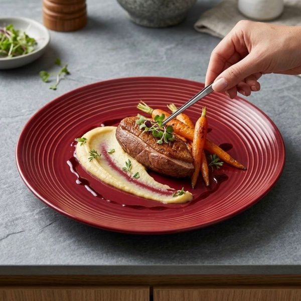 Plato de cerámica rojo con rayas oscuras
