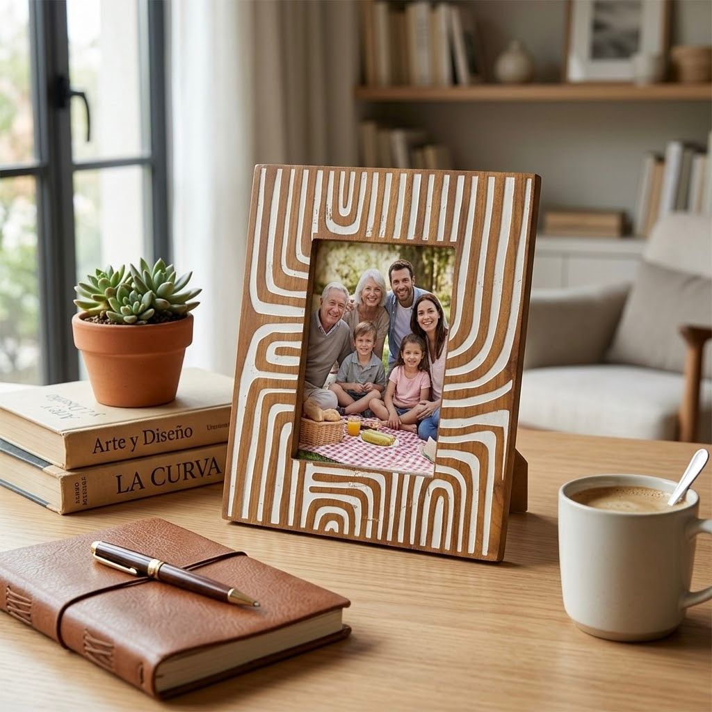 Portaretratos de madera pintado en blanco con líneas curvas | Marco decorativo elegante