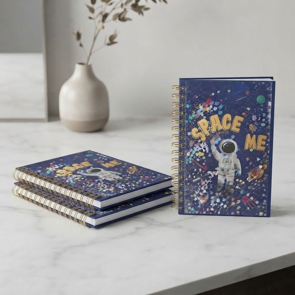 A5 Spiral Notebook with Lined Pages – Hardcover Space Design with Glitter