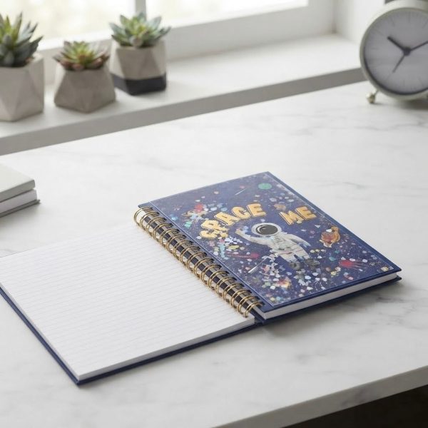 WhatsApp Image 2026-07-06 at 13.19.25 A5 Spiral Notebook with Lined Pages – Hardcover Space Design with Glitter