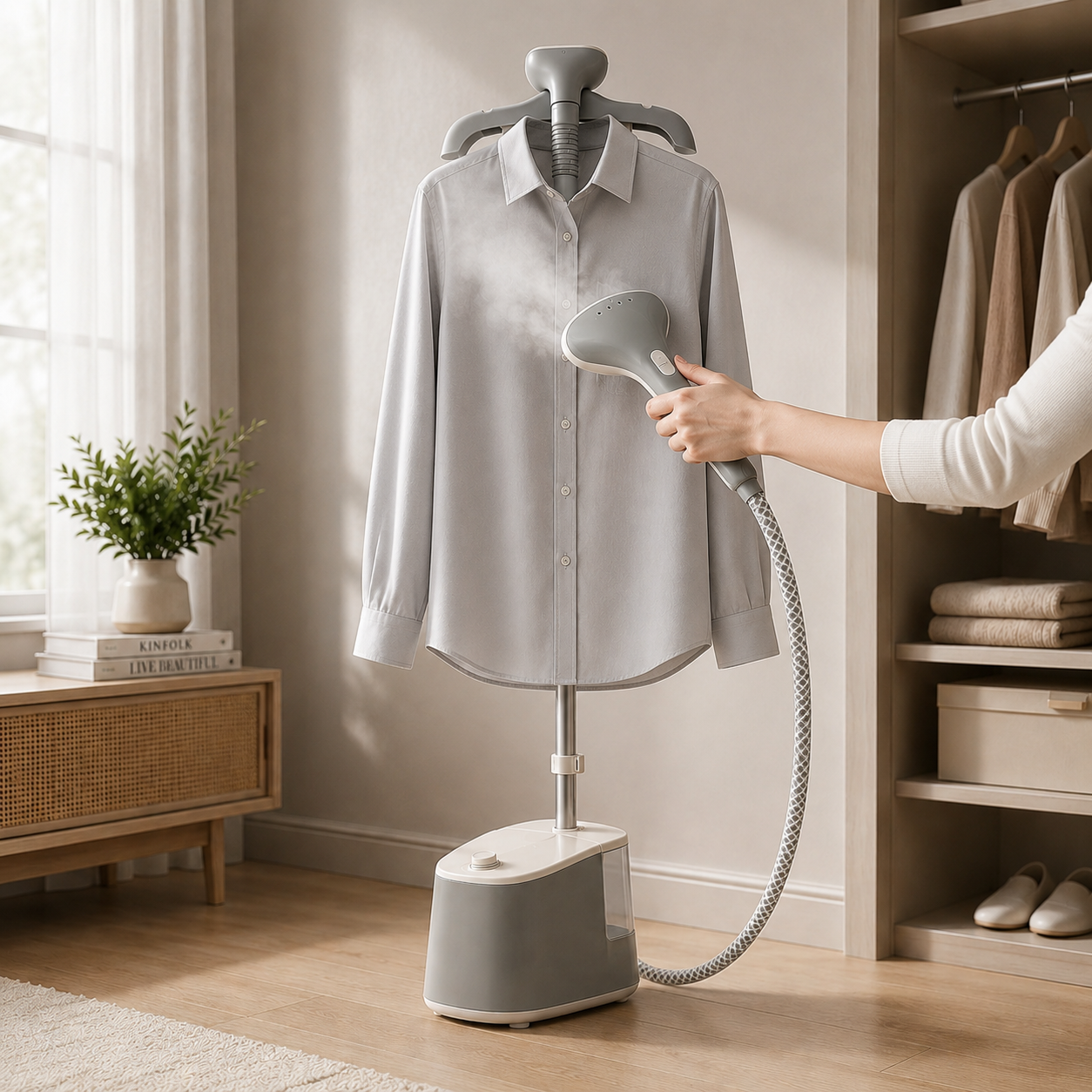 Centro de Planchado Vertical a Vapor STEAMIQ – Vaporizador de Ropa con Soporte Ajustable