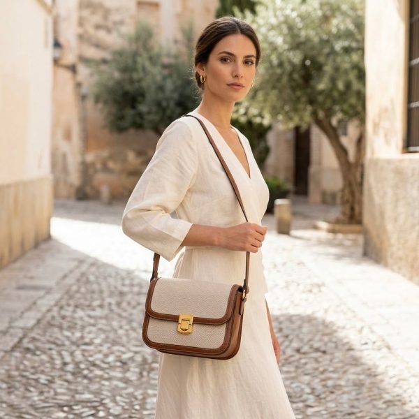 BBBM-001_4.JPG Women's Brown and Beige Crossbody Bag – Canvas Style with Faux Leather and Premium Metal Closure