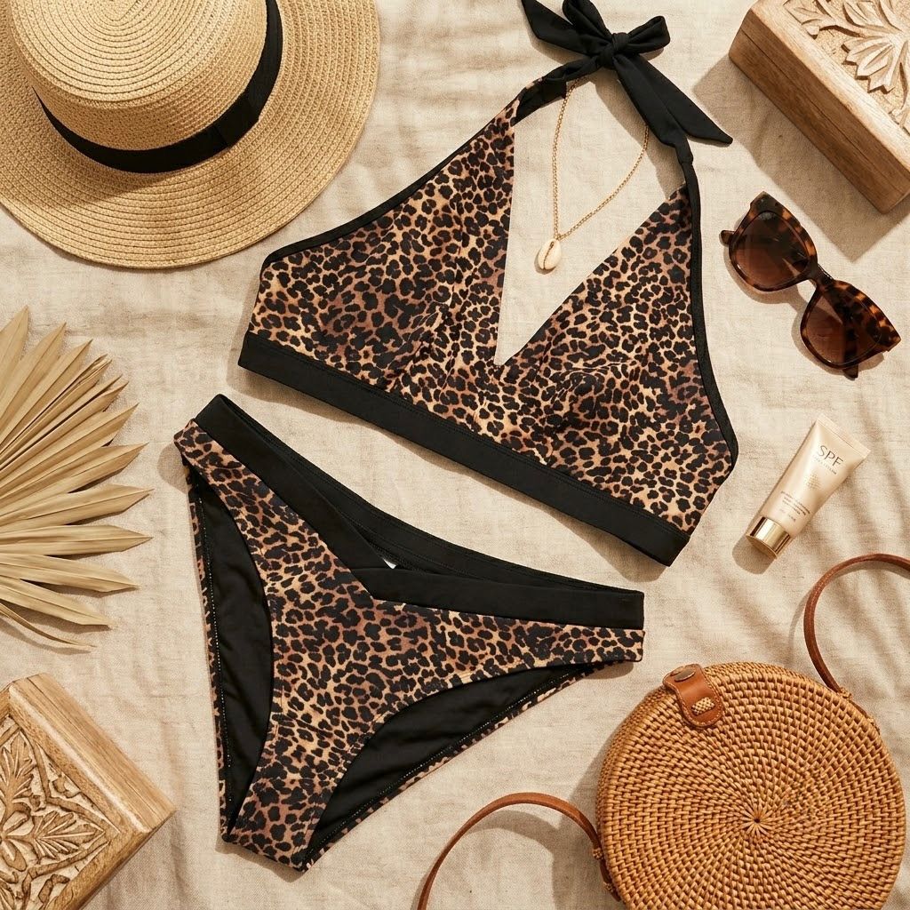 Bikini de Mujer Estampado Leopardo – Conjunto de Dos Piezas con Detalles Negros para Playa y Piscina