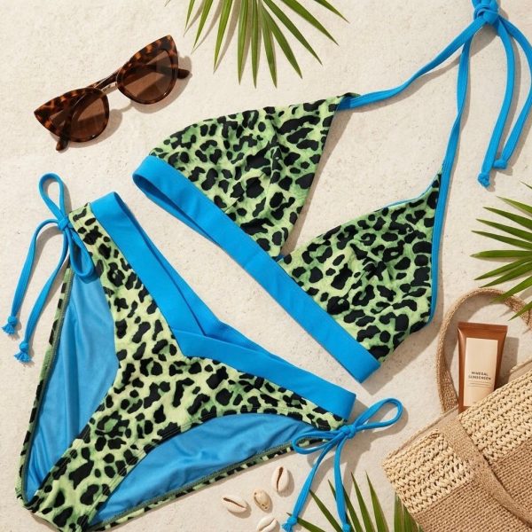 Bikini de Mujer Estampado Animal Verde y Azul – Conjunto de Dos Piezas para Playa y Piscina