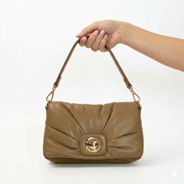 Quilted Clutch and Shoulder Bag in Tan Brown with Metal Clasp