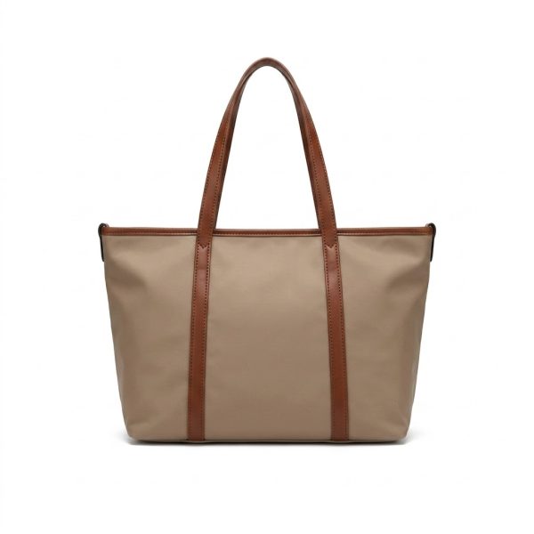 BTC-001_1.JPG Women's Large Cream and Brown Tote Bag – Canvas Style with Faux Leather Handles