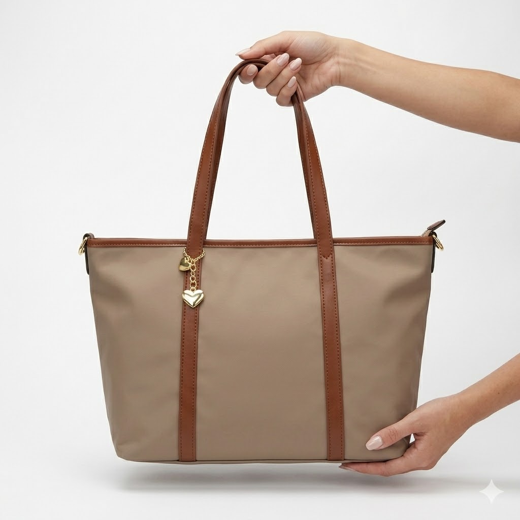 BTC-001_2.JPG Women's Large Cream and Brown Tote Bag – Canvas Style with Faux Leather Handles