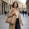 BTC-001_4.JPG Women's Large Cream and Brown Tote Bag – Canvas Style with Faux Leather Handles