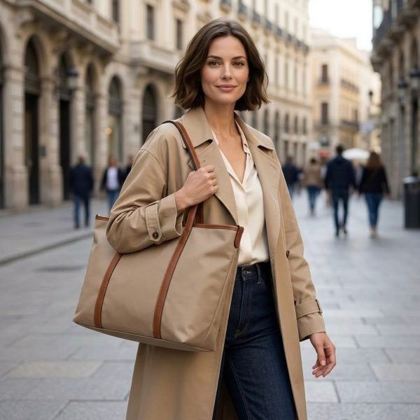 BTC-001_4.JPG Women's Large Cream and Brown Tote Bag – Canvas Style with Faux Leather Handles