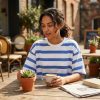 Women's White Cropped T-Shirt with Blue Stripes