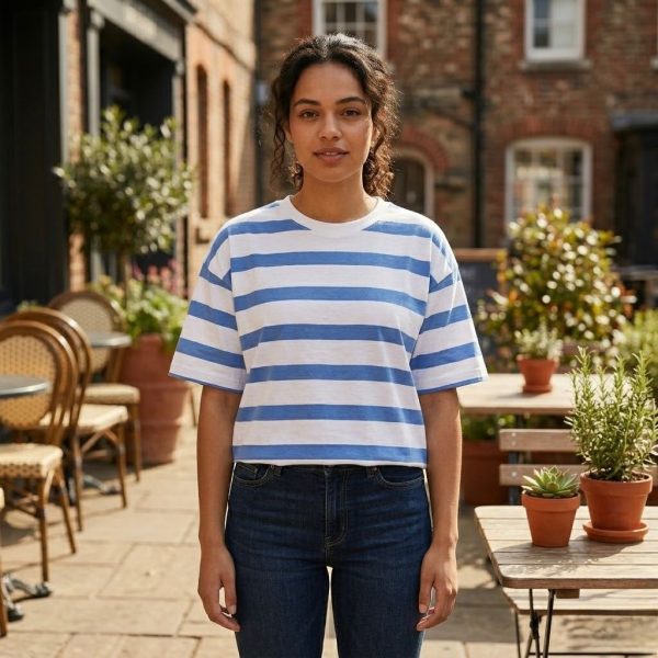Women's White Cropped T-Shirt with Blue Stripes