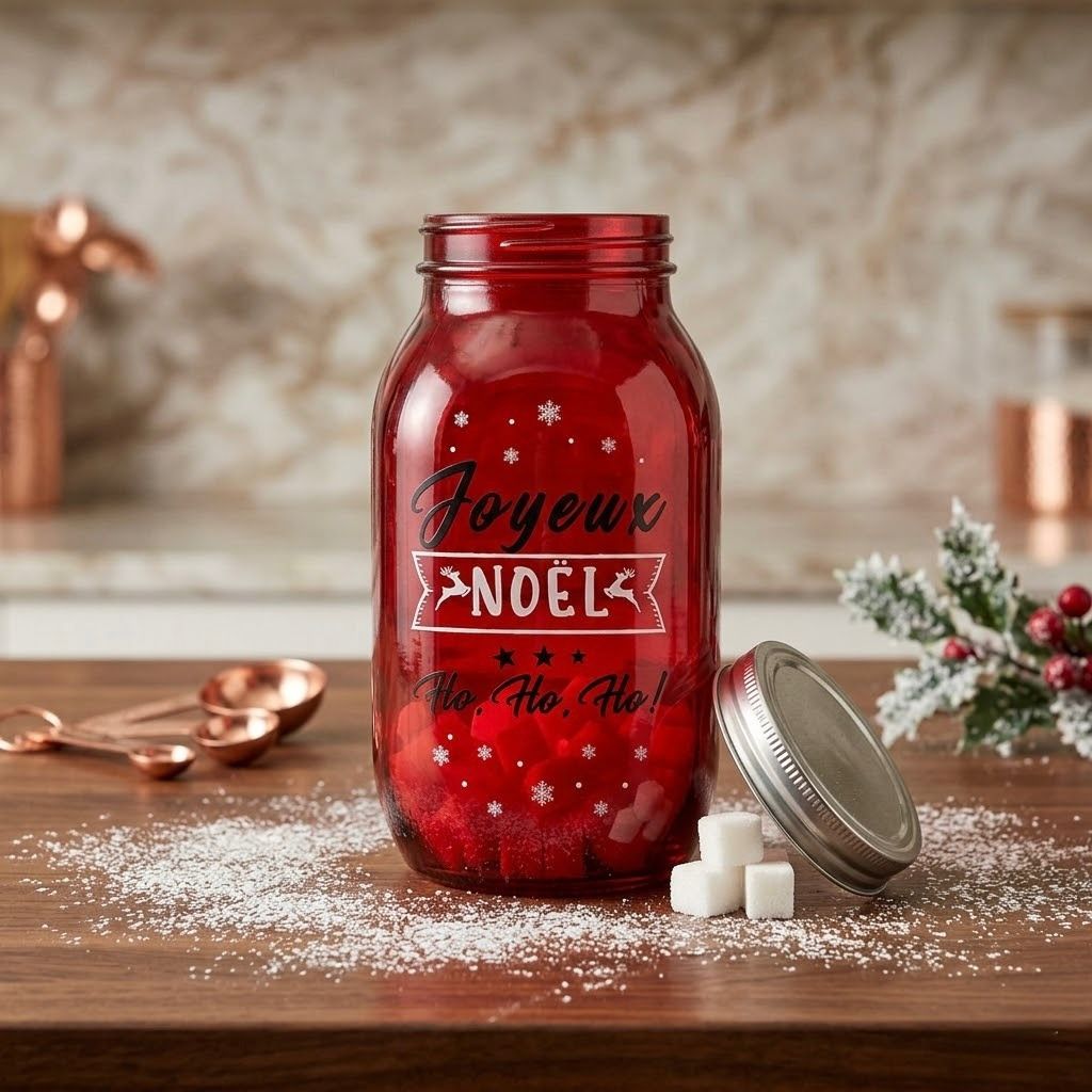 Frascos de vidrio navideños redondos de cristal con detalles rojos