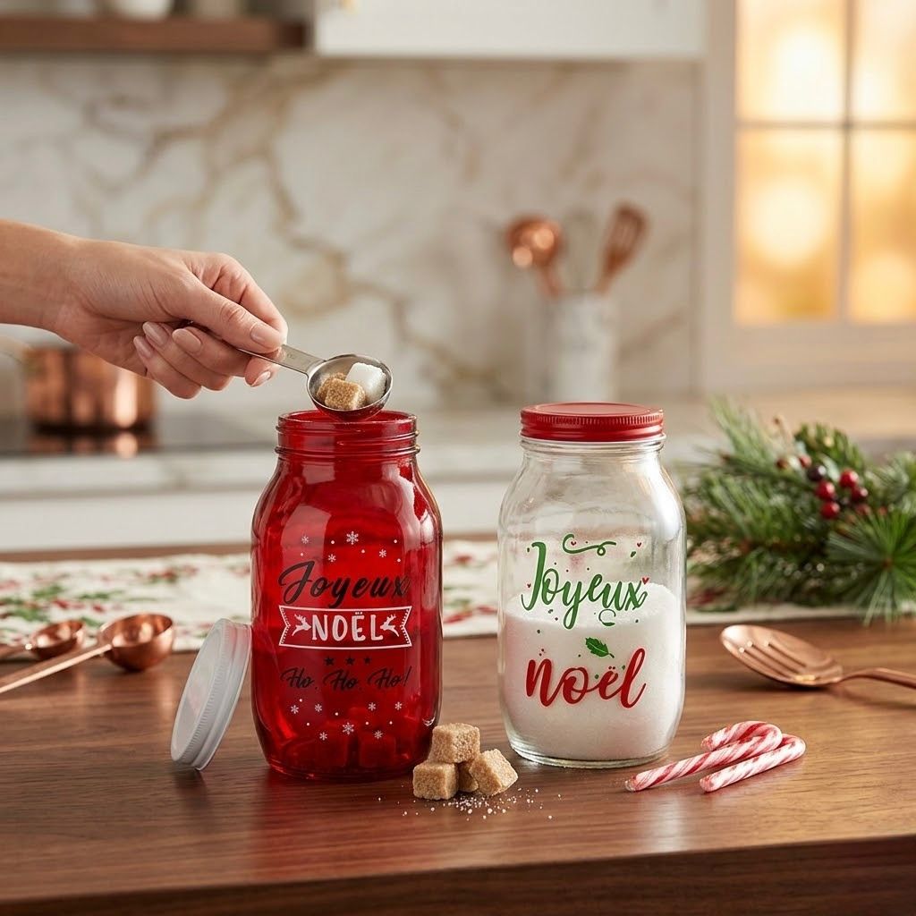 Frascos de vidrio navideños redondos de cristal con detalles rojos
