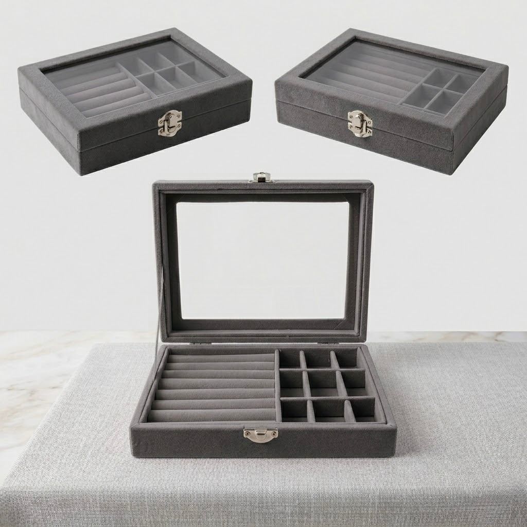 JT-001-GRIS_1.jpg Velvet Jewelry Organizer Box in Grey and Pink with Compartments