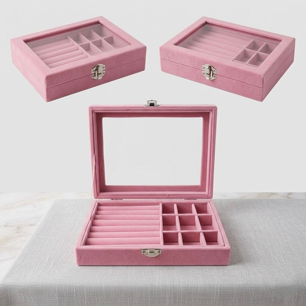 JT-001-ROSA_1.jp Velvet Jewelry Organizer Box in Grey and Pink with Compartments