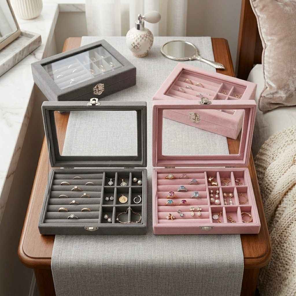 JT-001_1.jpg Velvet Jewelry Organizer Box in Grey and Pink with Compartments